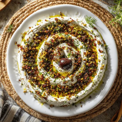 Labneh Dip with Olive-Pistachio Tapenade