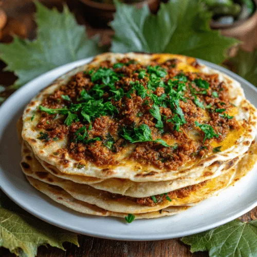 Turkish Lahmacun (Flatbread with Spiced Meat Topping)