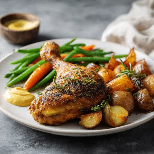 Herb-Roasted Chicken Leg with Garlic Green Beans and Crispy Veggie Medley