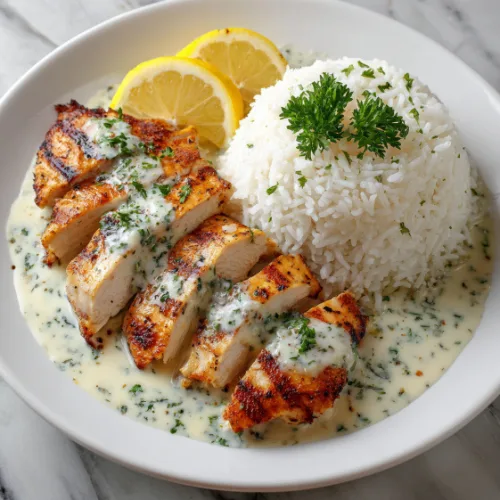 Grilled Chicken with Creamy Garlic Herb Sauce & Rice