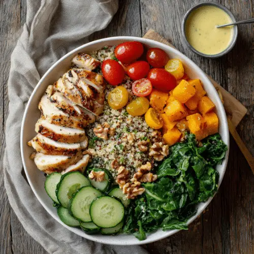 Grilled Chicken Power Bowl with Quinoa, Roasted Veggies & Lemon Walnut Dressing