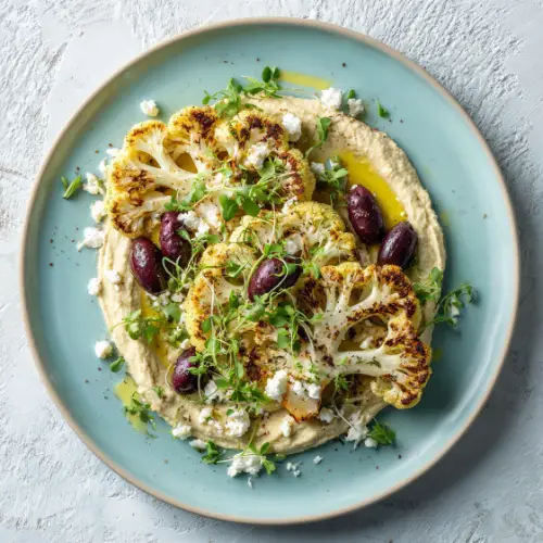 Roasted Cauliflower Steaks with Hummus, Feta & Olives