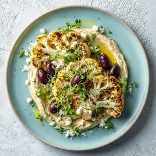 Roasted Cauliflower Steaks with Hummus, Feta & Olives