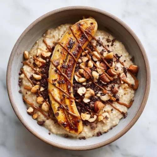 Caramelized Banana Oatmeal with Hazelnuts & Almond Butter