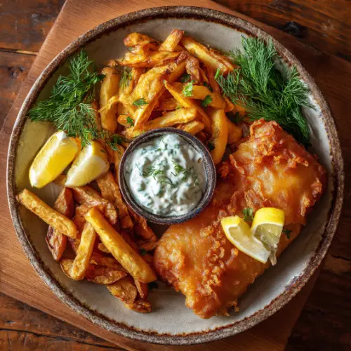 Classic Beer-Battered Fish and Chips with Homemade Tartar Sauce