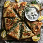 Spinach and Feta Stuffed Flatbread with Yogurt Dip