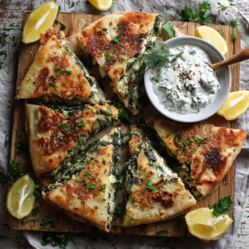 Spinach and Feta Stuffed Flatbread with Yogurt Dip
