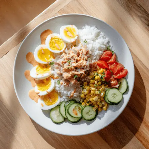Tuna & Rice Power Plate with Veggies and Spicy Mayo