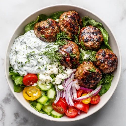 Greek Meatball Bowl with Tzatziki and Mediterranean Salad