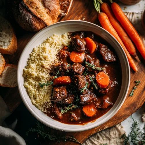 Slow-Cooked Beef Stew with Carrots over Fluffy Couscous