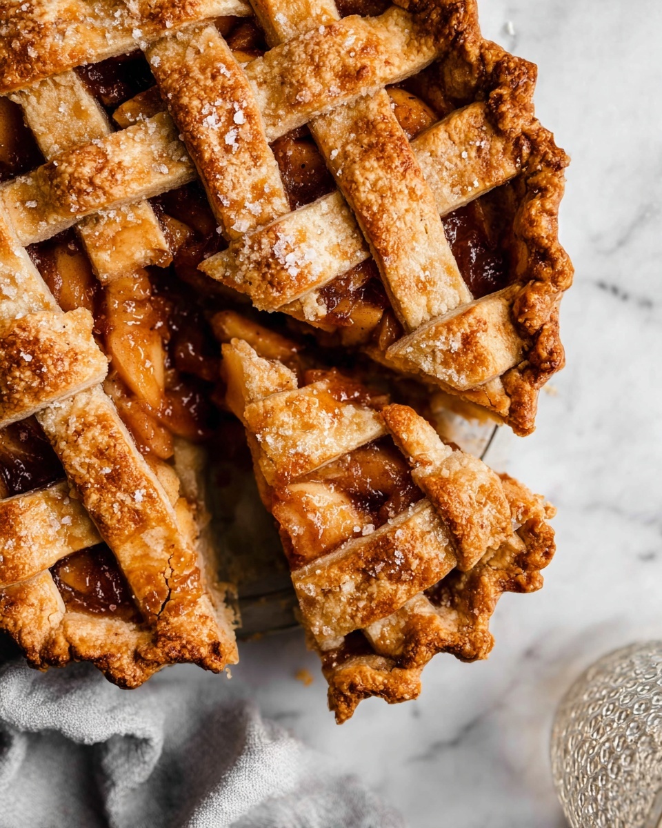 The image shows a close-up of a lattice-top pie with a golden brown crust, sprinkled with coarse sugar that adds a slight crunch. The pie has a pattern of thick woven strips forming the lattice on top, showing the warm brown filling of cooked fruit beneath. One slice is cut out and placed slightly away from the main pie, revealing the glossy, chunky fruit filling inside with a rich, syrupy texture. The edges of the crust are crimped and flaky, and the whole pie is set on a white marbled surface with a soft gray cloth partially visible on the side and a textured glass object in the corner. Photo taken with an iphone --ar 4:5 --v 7
