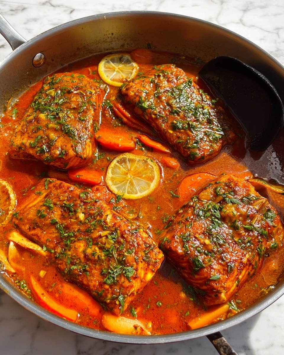 The image shows a metal pan filled with a dish of four large pieces of fish in a thick, orange-red sauce with green herbs spread on top. The sauce looks rich and oily, with visible small bits of spices or herbs. Around the fish, there are several carrot pieces and slices of lemon partially submerged in the sauce. The overall colors in the pan are warm, dominated by the deep orange of the sauce and the bright green herbs. The shiny metal pan rests on a white marbled surface, and a black ladle can be seen at the edge of the pan. Photo taken with an iphone --ar 4:5 --v 7