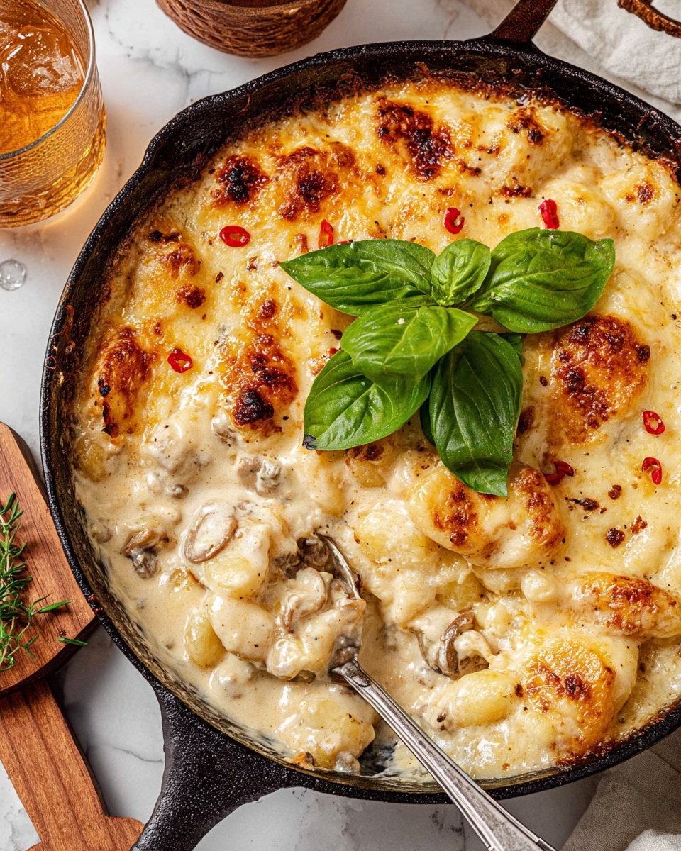 The dish is a baked casserole in a black cast iron pan, with one thick creamy beige sauce layer covered by a golden-brown melted cheese layer that is bubbly and slightly browned in spots. At the center, three fresh green basil leaves add a pop of color on top. The pan is set on a white marbled surface next to a white cloth and small bowl with green basil leaves and red seasoning. The whole composition has warm, inviting tones. photo taken with an iphone --ar 4:5 --v 7