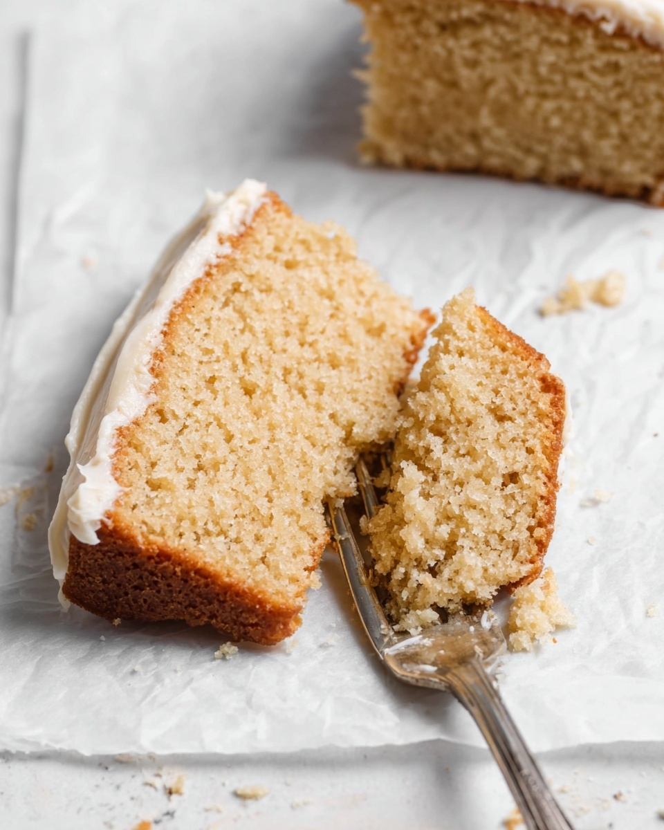 A slice of light brown cake with soft, crumbly texture and a thin white frosting layer on top is placed on white parchment paper over a white marbled surface. The slice shows two layers: the dense cake and smooth frosting on top. A silver fork is breaking off a small piece from the lower right part of the slice. In the top left corner, a part of another similar cake slice is visible. The scene is brightly lit, showing the details of the cake crumbs and frosting clearly. photo taken with an iphone --ar 4:5 --v 7