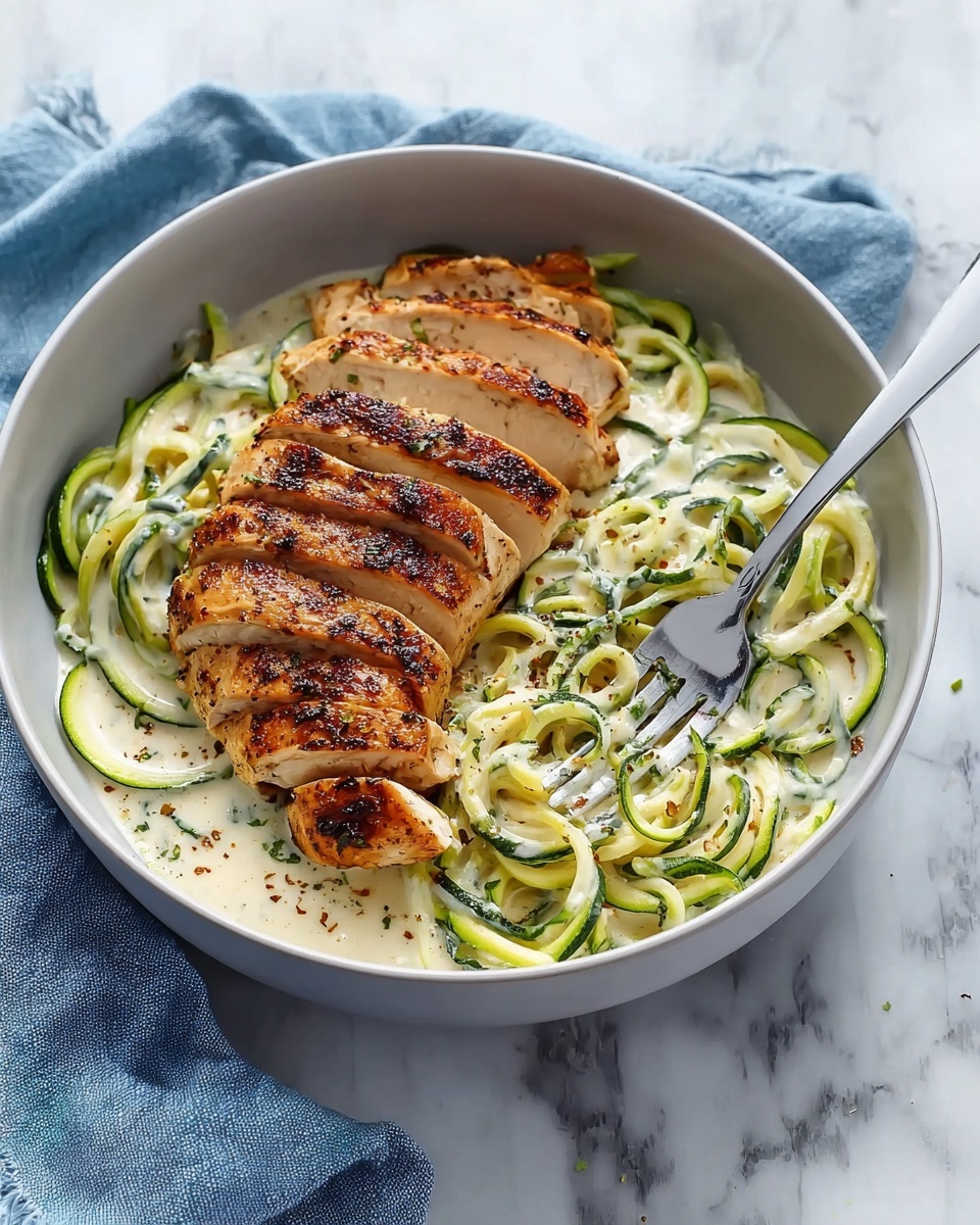 A white bowl holds a dish with two main layers: the bottom layer is creamy white sauce mixed with spiraled green zucchini noodles that have a smooth, slightly glossy texture, and the top layer consists of six slices of grilled chicken arranged neatly side by side, showing a golden-brown color with darker char marks, creating a contrast against the sauce and zucchini. A fork is placed inside the bowl on the right side, piercing one slice of chicken. The bowl is placed on a white marbled surface with a blue and white cloth in the background. Photo taken with an iphone --ar 4:5 --v 7