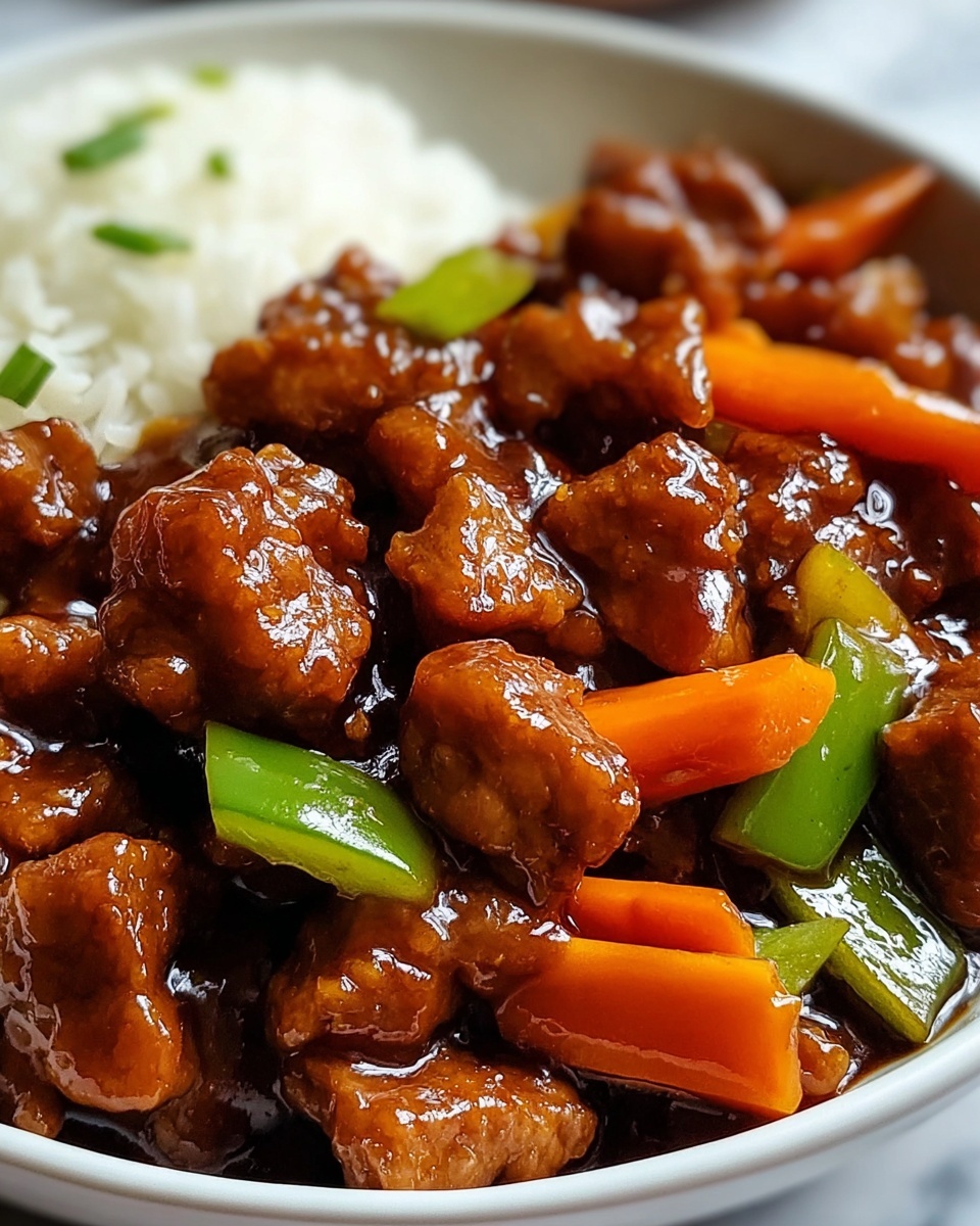 A close-up view of a white bowl filled with shiny, brown glazed chunks of meat. Mixed with the meat are bright orange carrot sticks and pieces of green bell pepper, all coated in a thick brown sauce. In the background, there is a portion of white rice, blurred but visible, filling part of the bowl. The bowl sits on a white marbled surface. The overall look is glossy and rich with warm colors. photo taken with an iphone --ar 4:5 --v 7