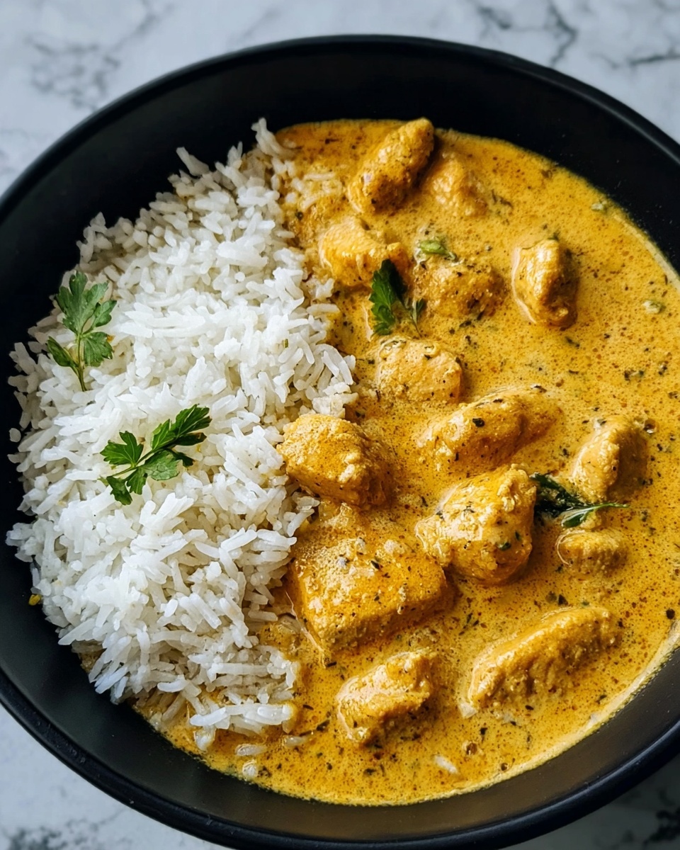 The image shows a bowl filled with creamy yellow curry containing tender chunks of chicken coated in a thick, smooth sauce speckled with black spices. The curry is garnished with small green cilantro leaves scattered on top. On one side of the bowl, a small serving of white rice is placed, contrasting with the rich curry. The bowl is white and sits on a white marbled surface. photo taken with an iphone --ar 4:5 --v 7