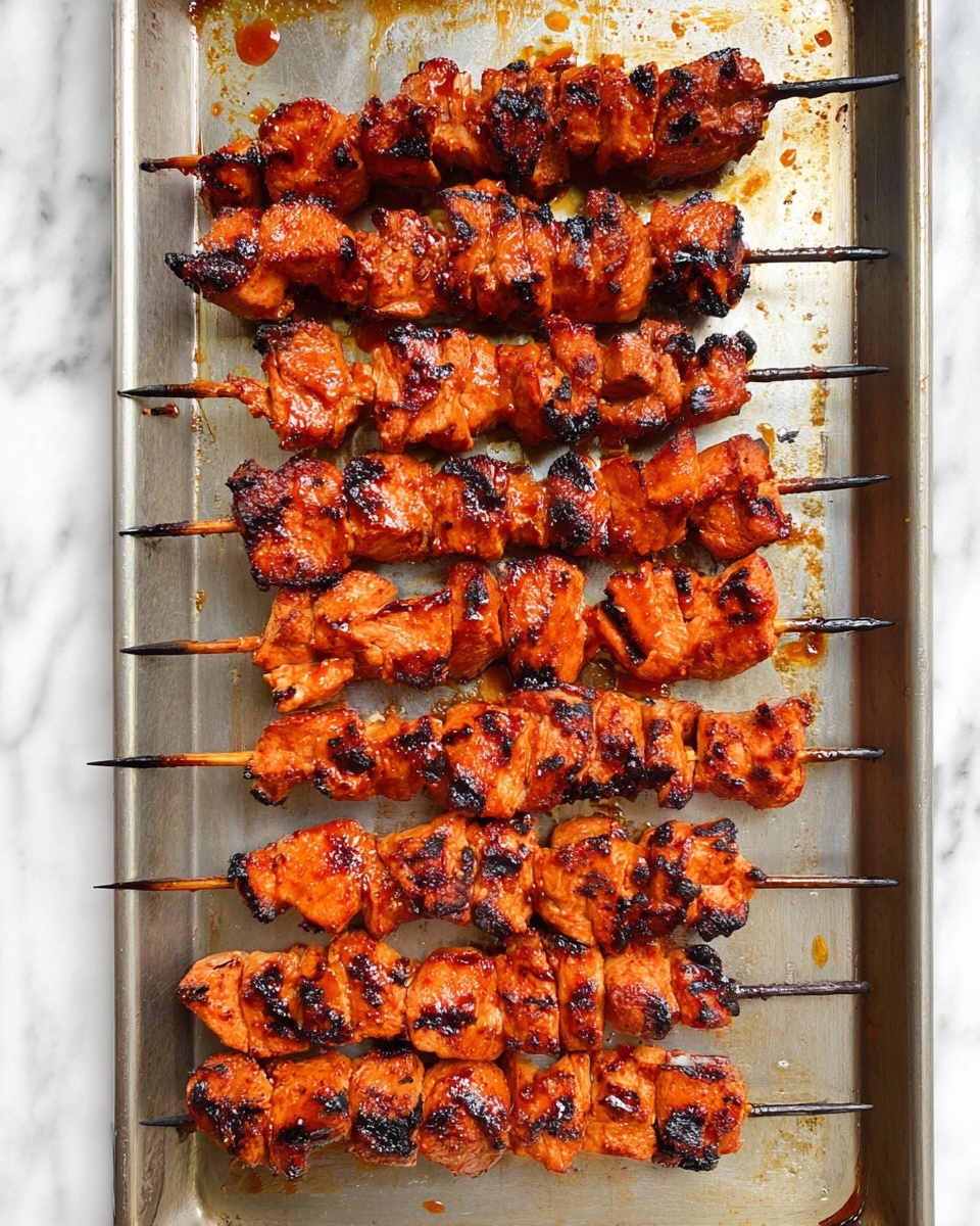 Pinchos (Puerto Rican Chicken Skewers) Recipe 6 A wooden board holds about seven skewers of grilled meat, with a shiny, reddish-brown glaze and pieces showing black grill marks. The meat chunks are irregular in size and stacked close together along the skewers. Around the board, there are some pieces of toasted bread with dark grill lines on the white marbled surface. The image has strong lighting that shows the gloss and texture of the meat clearly. photo taken with an iphone --ar 4:5 --v 7