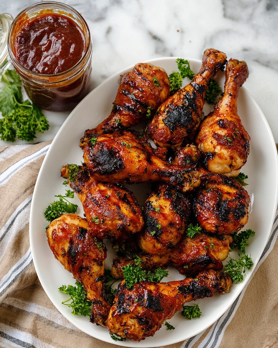 Sweet Barbecue Chicken Legs on the Grill Recipe 5 A white plate holds ten grilled chicken drumsticks arranged in two layers, each drumstick coated in a shiny, dark reddish-brown sauce with charred black spots from grilling. Fresh green parsley is scattered around and between the drumsticks, adding color contrast. To the left, there is a white bowl filled with thick, dark reddish-brown barbecue sauce and a glass jar of the same sauce behind it. All is set on a white marbled surface with a beige and gray striped cloth partially underneath the plate and jars. Photo taken with an iphone --ar 4:5 --v 7