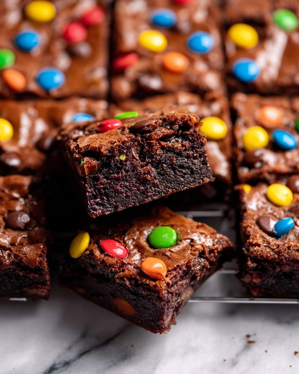 M&M Brownies Recipe 5 The image shows three stacked chocolate brownies with a dense, moist texture. Each brownie has colorful candy-coated chocolate pieces scattered on top and inside, adding splashes of red, yellow, green, blue, and orange colors. The brownies have a rich dark brown color with a slightly shiny surface. The stacking is centered on a white marbled surface with other brownies partially visible around it. The top brownie is slightly tilted, revealing the crumbly inside with embedded candy pieces. The photo taken with an iphone --ar 4:5 --v 7