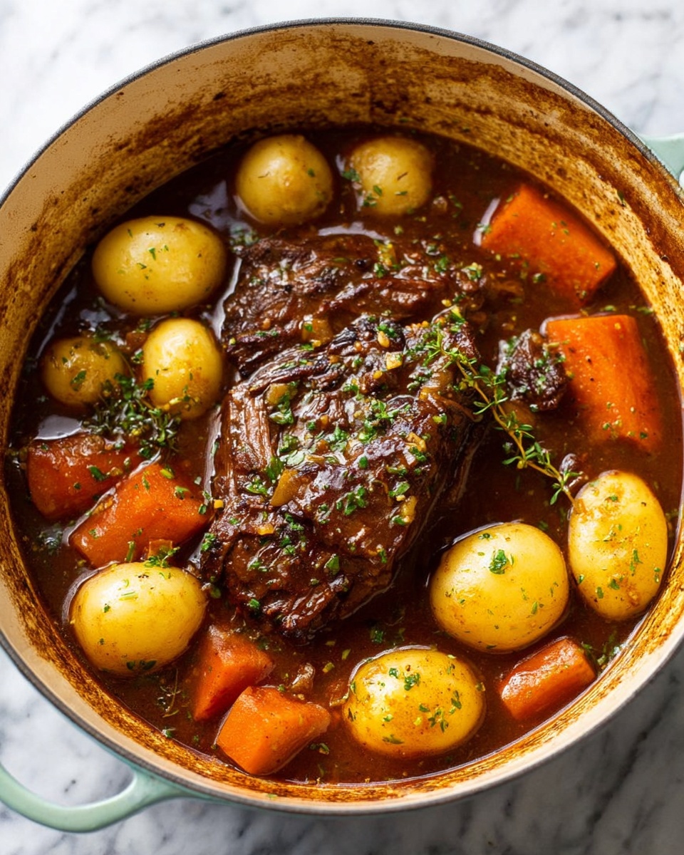 A green pot with two handles holds a dark brown cooked meat piece in the center, topped with small green herb leaves. Around the meat, there are bright orange carrot chunks and small yellow potatoes in a rich reddish-brown broth. The inside edge of the pot shows some cooking stains, and the pot is placed on a white marbled surface with blurred green herbs in the background. photo taken with an iphone --ar 4:5 --v 7