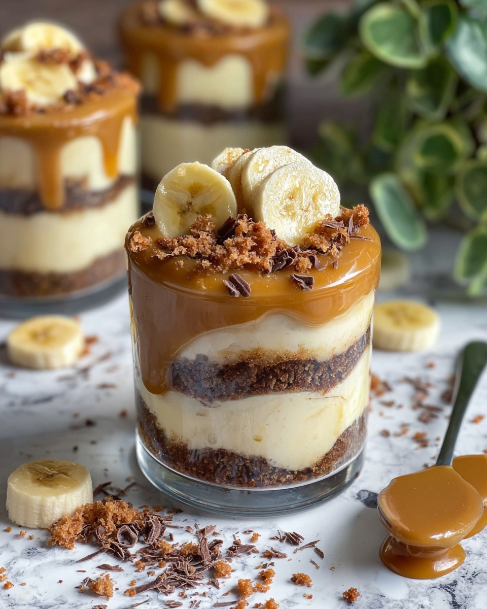 The image shows a glass dessert with five visible layers, placed on a white marbled surface. The bottom layer is a dark brown crumbly texture, followed by a thick light yellow creamy layer. Above that is a medium brown smooth layer, then another thick light yellow creamy layer, and another dark brown crumbly layer near the top. The topmost layer is light yellow cream topped with small round slices of banana, darker small crumbly bits, and dark thin shavings sprinkled over. In the background, there are three similar glasses of the same dessert placed on the same white marbled surface with green foliage and pine cone decorations blurred behind. photo taken with an iphone --ar 4:5 --v 7