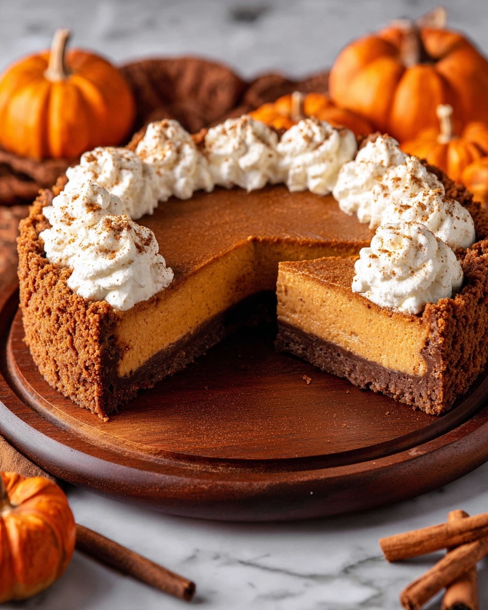 Pumpkin Streusel Cheesecake with Biscoff Crust and Spiced Brown Sugar Filling Recipe 6 A pumpkin pie with one slice removed sits on a round wooden board. The pie has three layers: a thick dark brown crust at the bottom, a smooth orange pumpkin filling with a creamy texture in the middle, and a crumbly brown topping that covers the entire top layer. A ring of white whipped cream decorates the edge of the pie's top, with a light sprinkling of brown spice on the whipped cream. The setting includes small orange pumpkins and cinnamon sticks around the pie, all placed on a white marbled surface. photo taken with an iphone --ar 4:5 --v 7