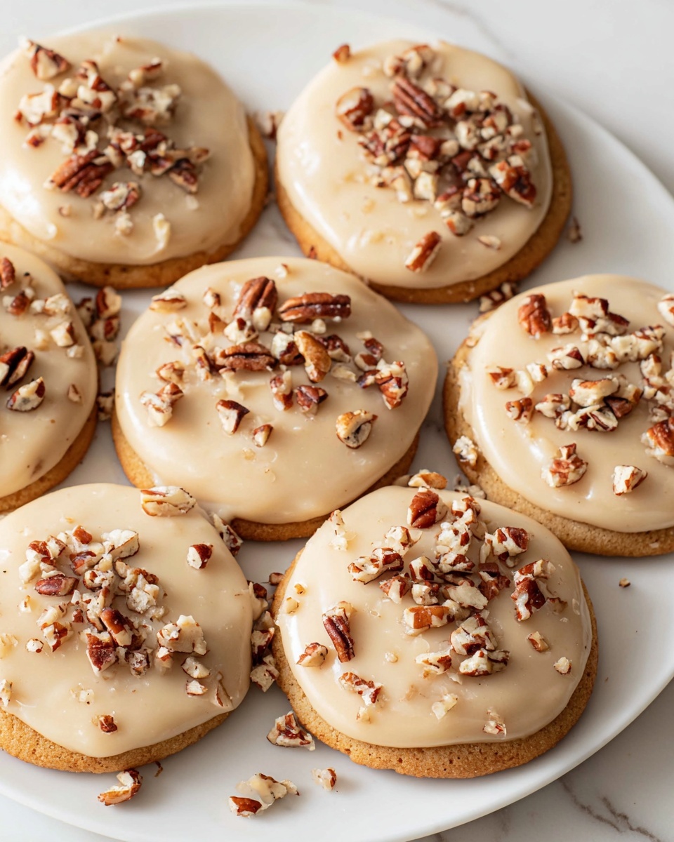 Caramel Apple Cookies Recipe 6 A single round cookie sits in the center of a white plate on a white marbled surface, covered with a smooth, light brown frosting layer that almost hides the cookie underneath. On top, chopped nuts with a mix of light and dark brown pieces are scattered, with a few nuts also spread around the plate. The frosting looks creamy and slightly glossy, with gentle swirls showing its soft texture. Photo taken with an iphone --ar 4:5 --v 7