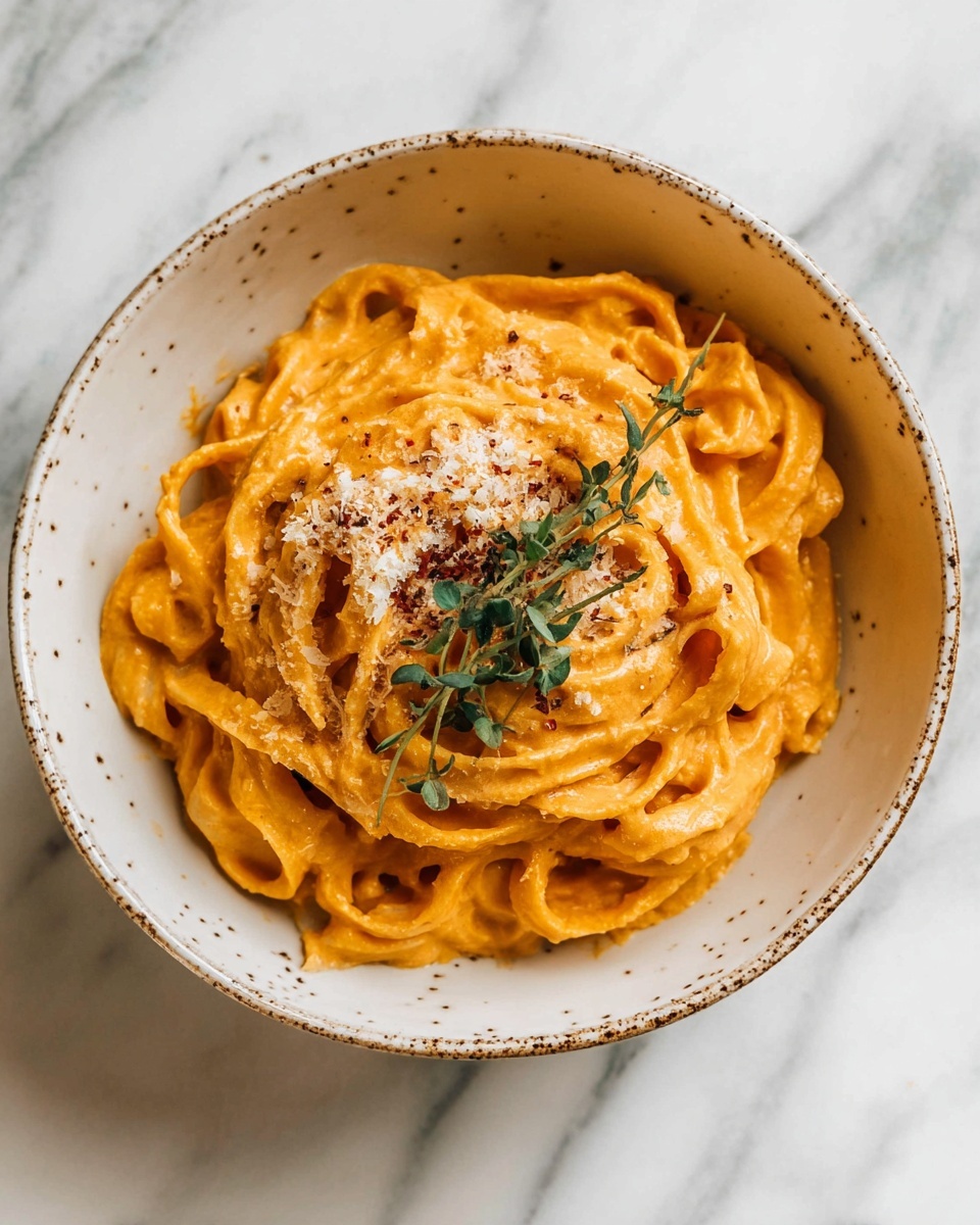Creamy Pumpkin Alfredo Pasta Recipe 5 A bowl filled with creamy orange pasta sauce coating thick, ribbon-like noodles, twisted and layered in the center with a smooth, rich texture. On top, there is a light sprinkle of grated cheese adding a fine, powdery white layer. A small green sprig of fresh herbs sits delicately in the middle, providing contrast with the orange sauce. The bowl is white with small, dark speckles and a slightly rough rim edge. The background is a white marbled surface, enhancing the warm colors of the dish. photo taken with an iphone --ar 4:5 --v 7