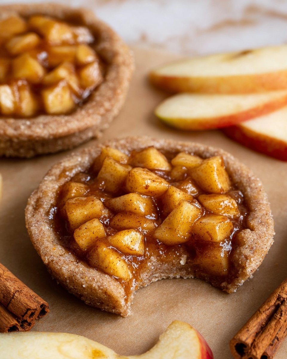 A woman's hand holds a small round tart with a thick, light brown crust that looks crumbly and soft. The tart is filled with a glossy layer of caramel-colored sauce and topped with evenly spread chunks of cooked apples in yellow and light brown tones with a hint of cinnamon. In the background, several similar tarts rest on a light brown parchment paper that lies on a white marbled surface. Two whole apples with red and yellow skin sit in the upper left corner, and a few thin apple slices and cinnamon sticks are visible on the right side of the image. The photo taken with an iphone --ar 4:5 --v 7