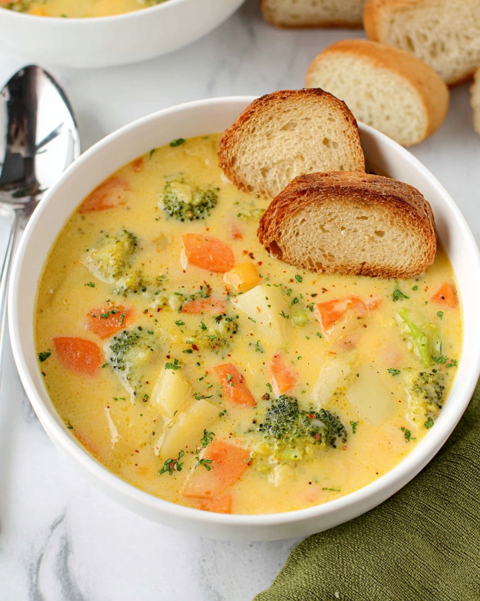 Creamy Vegetable Soup with Cheddar and Broccoli Recipe 5 A white bowl filled with creamy soup showing three layers: the base is a thick light yellow broth, with the second layer including visible chunks of bright orange carrot slices, green broccoli florets, and pale potato pieces scattered throughout. On top, thin strips of yellow shredded cheese are spread in the center. A silver spoon rests inside the bowl, angled slightly to the right. The bowl sits on a round wooden board, accompanied by four slices of light golden toasted bread placed behind the bowl, and a fresh green broccoli head and an orange carrot placed to the right on a white marbled surface. photo taken with an iphone --ar 4:5 --v 7