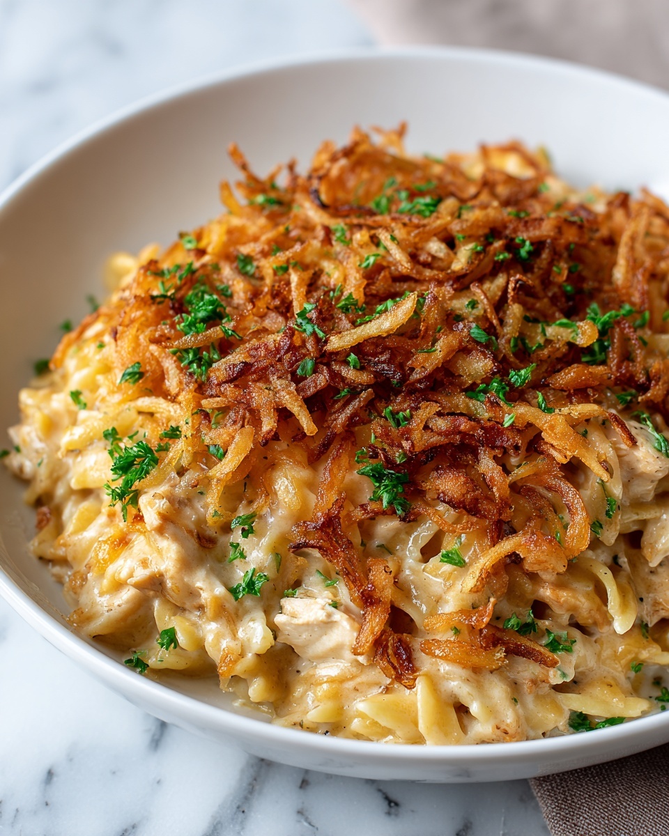 The image shows a close-up of a white bowl filled with a creamy pasta dish. The bottom layer consists of cooked short spaghetti noodles mixed with pieces of light golden chicken. Above this is a melted layer of light yellow cheese covering the pasta. On top, there is a generous amount of crispy, dark golden brown fried onions scattered unevenly. Small green parsley bits are sprinkled across the top, adding a fresh touch of color. The bowl sits on a white marbled surface, and the photo is taken in natural light to show the textures clearly. photo taken with an iphone --ar 4:5 --v 7