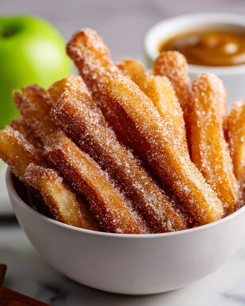 A close-up view of a bowl filled with many golden fried churros sticks, each covered with fine white sugar and a light dusting of cinnamon powder, creating a sparkling, textured look. The churros are stacked unevenly inside a white bowl, showing their crunchy surface and soft inside with a warm, light brown color. Behind the bowl on a white marbled surface, a small white bowl with a swirl of caramel sauce and a whole green apple are faintly visible, adding depth and color contrast to the image. Photo taken with an iphone --ar 4:5 --v 7