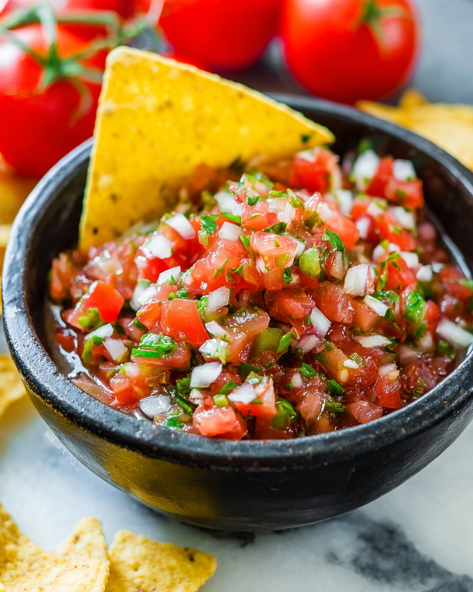 A small black bowl filled with a fresh mix of diced red tomatoes, white onions, and green cilantro leaves, all finely chopped and mixed evenly. The tomatoes are bright red and slightly glistening, while the white onions add a crisp texture and the green cilantro adds a fresh, leafy touch. Around the bowl, there are yellow tortilla chips with a rough, crunchy surface placed on a white marbled texture. In the background, there is a whole red tomato and a halved lime with a bright green color, both resting on the same white marbled surface. photo taken with an iphone --ar 4:5 --v 7