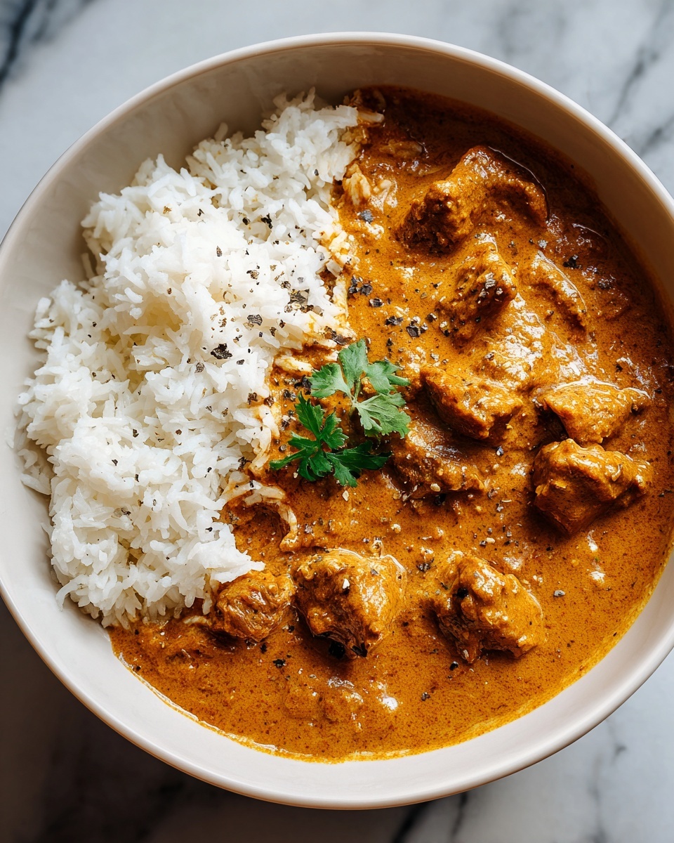 A bowl filled with two main layers: on the left side, there is fluffy white rice with a soft texture, while the right side shows a thick, creamy orange-brown curry sauce with tender chunks of meat mixed in. The curry surface has small black pepper specks and is garnished with a few green herb leaves in the center. The bowl is white with a smooth texture, sitting on a white marbled surface. photo taken with an iphone --ar 4:5 --v 7