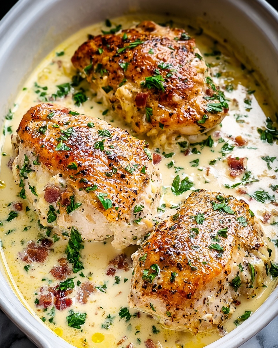 The image shows three cooked chicken pieces with a rich brown and golden crispy top layer, resting in a creamy sauce. The sauce has a light cream color speckled with small chopped onion pieces and green herbs scattered over the dish. The chicken is arranged in a black slow cooker, with the sauce spreading evenly around and beneath the pieces, adding a slightly glossy texture. The green herbs add contrast, giving fresh, bright touches to the warm tones of the chicken and sauce. photo taken with an iphone --ar 4:5 --v 7