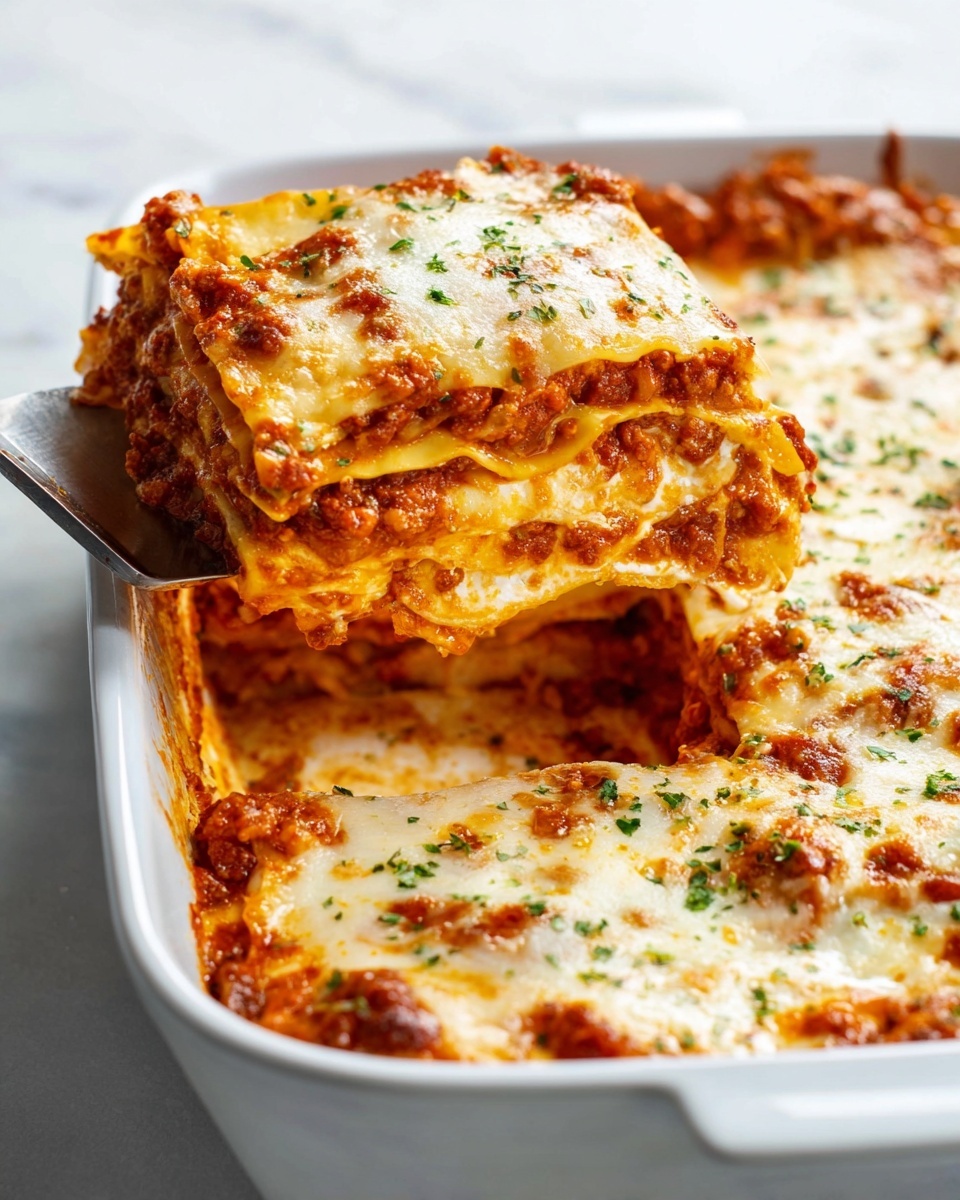 The image shows a close-up of a rectangular white baking dish filled with lasagna. A metal spatula is lifting a thick square piece from the dish, revealing five visible layers. The layers alternate between light yellow pasta sheets and a chunky, orange-red meat sauce mixed with melted cheese. The top layer is covered with golden-brown melted cheese, sprinkled with small bits of green herbs, giving a slightly bubbly and creamy texture. The dish is placed on a white marbled surface with bright, natural lighting emphasizing the rich colors and texture of the lasagna. Photo taken with an iphone --ar 4:5 --v 7