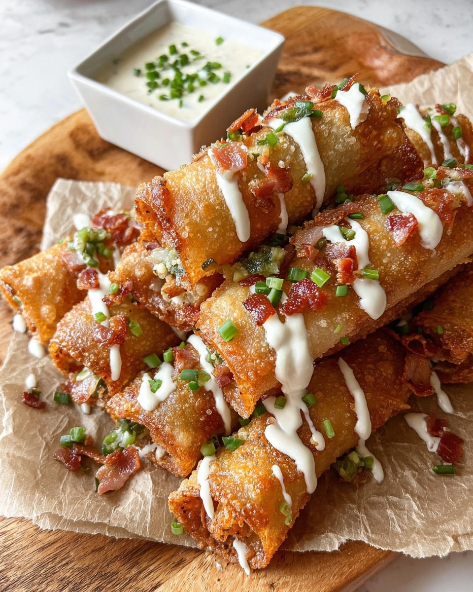 The image shows several golden brown, crispy rolled tacos stacked on white parchment paper on a wooden tray. Each taco is drizzled with a light cream sauce and sprinkled with small green onion pieces and tiny bits of red garnish. In the foreground, a woman's hand holds one taco torn in half to show the inside, which has layers of white cream, green peppers, and small brown bits, all wrapped inside the crispy outer shell. At the top left, a small white square dish sits on the tray filled with white sauce topped with chopped green herbs. The setting is on a white marbled surface. Photo taken with an iphone --ar 4:5 --v 7