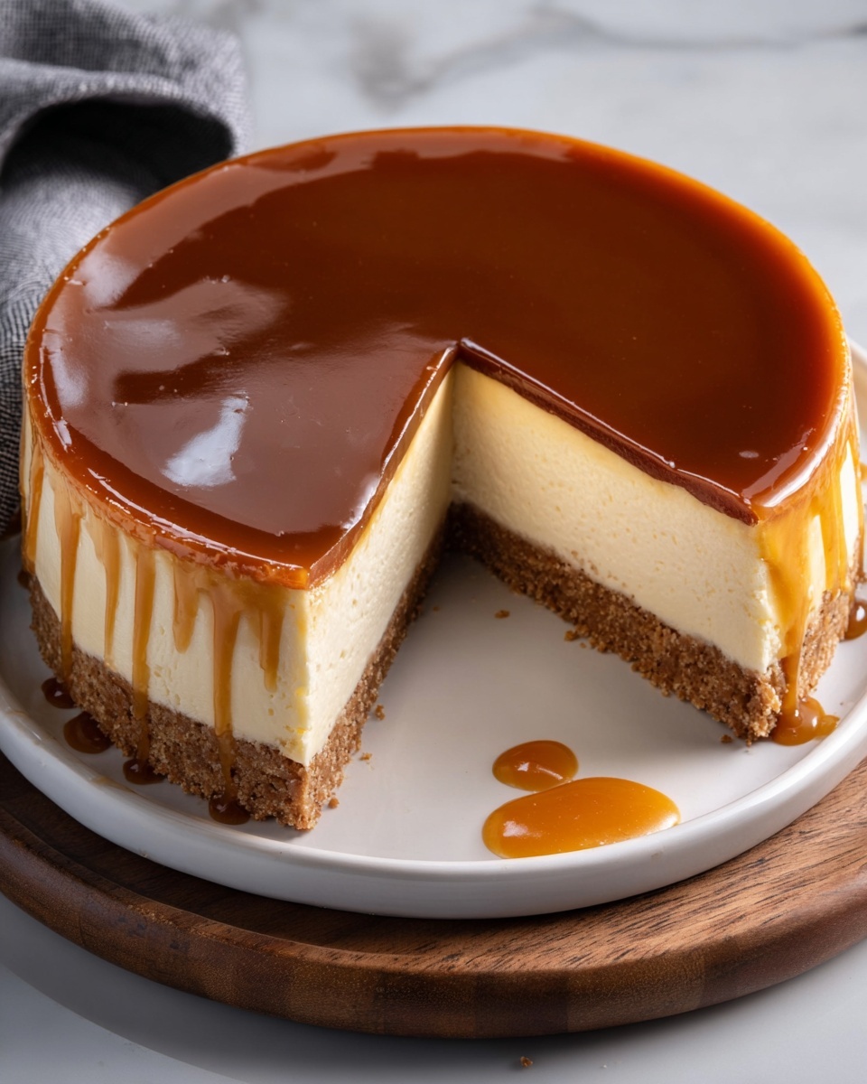 The image shows a round cheesecake with three layers, placed on a white plate with a wooden rim on a white marbled surface. The bottom layer is a medium brown crust with a crumbly texture. Above this is a thick, creamy off-white layer of cheesecake with a smooth surface. The top layer is a thick, shiny dark caramel glaze that covers the cheesecake evenly, with some caramel sauce dripping down the sides and a small pool of caramel on the plate next to the cheesecake. A slice is removed to reveal the inside layers clearly. Photo taken with an iphone --ar 4:5 --v 7