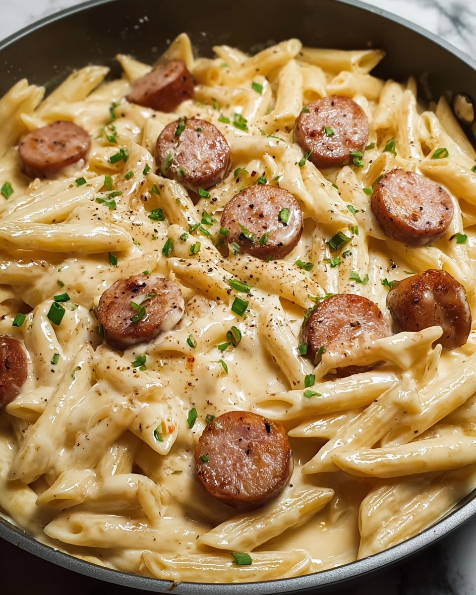 A white plate holds a creamy pasta dish with about two layers of penne pasta covered in a light orange sauce. On top, there are several round sausage slices browned on the edges, scattered evenly. The sauce looks smooth and thick, coating the pasta well. Small green parsley bits are sprinkled over the sausage and sauce, along with ground black pepper, adding spots of dark color. The plate sits on a white marbled surface. photo taken with an iphone --ar 4:5 --v 7