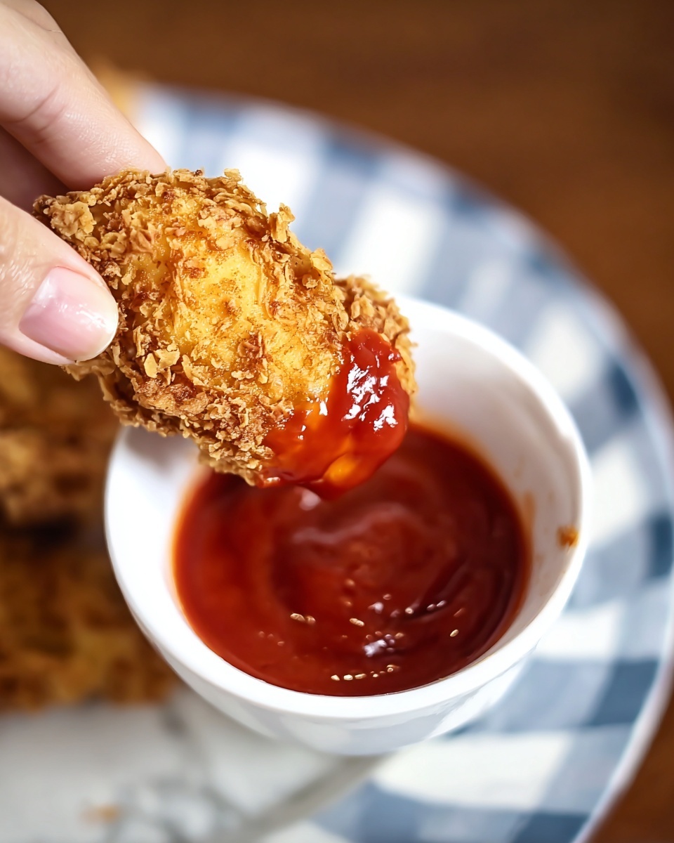 A close-up image shows a woman's hand holding a piece of crispy fried chicken dipped halfway in a thick, shiny red sauce. The fried chicken is golden brown with a crunchy, bumpy texture. The chicken piece is dipped into a small white bowl filled with red sauce. The background below the bowl shows a white marbled surface partly covered by a blurred round plate with a blue checkered design. Photo taken with an iphone --ar 4:5 --v 7