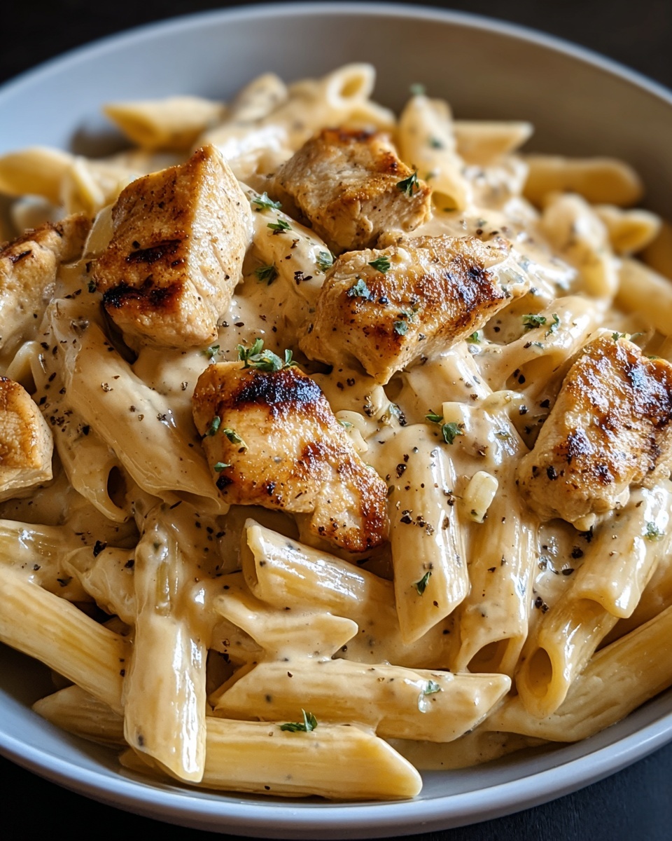 A close-up view of a white bowl filled with penne pasta layered in creamy beige sauce, topped with several pieces of golden-brown grilled chicken chunks sprinkled with small green herb bits and ground black pepper. The pasta has a smooth, slightly shiny texture, mixed evenly with the sauce that clings to each piece. The grilled chicken pieces are scattered on top, showing a slightly crisp and browned surface. The bowl sits on a white marbled surface. photo taken with an iphone --ar 4:5 --v 7