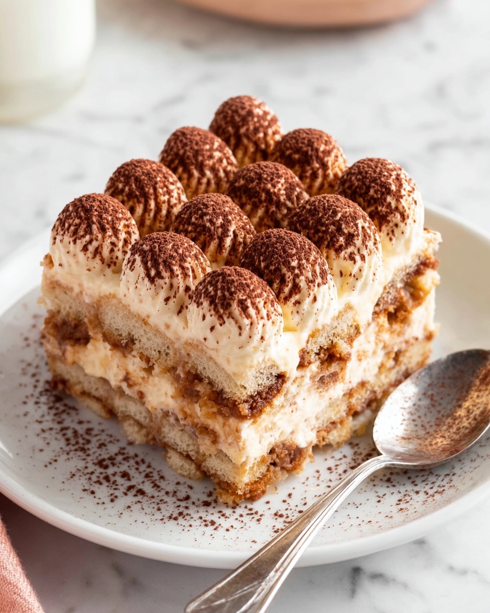 Creamy Pumpkin Tiramisu with Pumpkin Spice Recipe 6 A square piece of layered dessert sits on a white plate with a silver spoon beside it. The dessert has three main layers: the bottom and middle layers are soft and light brown cake-like textures with a creamy, slightly speckled filling in between. The top layer is decorated with many dollops of fluffy cream, piped in rows, dusted generously with dark cocoa powder, creating a rich contrast with the pale cream. The whole scene is set against a white marbled surface. Photo taken with an iphone --ar 4:5 --v 7