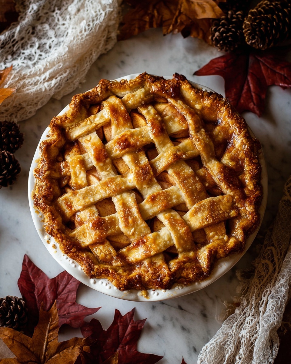 A golden-brown lattice apple pie sits on a white plate, with thick, crisscrossed strips of flaky crust on top, showing tender apple slices underneath. The pie crust is shiny and slightly crumbly with a textured edge around the plate. The plate is on a white marbled surface, surrounded by brown pine cones, dark red and orange dried autumn leaves, and a bit of white lace fabric. The scene has warm, soft lighting that gives a cozy, autumn feel. photo taken with an iphone --ar 4:5 --v 7