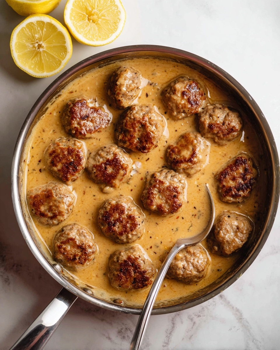 This image shows a close-up of a pan filled with about twelve browned meat patties in a thick, creamy yellow-brown sauce with visible black pepper specks. The patties are round and uneven in shape, with a crispy, browned surface texture on top, sitting in a smooth sauce that lightly covers their sides. There is a silver spoon resting in the sauce toward the right side, partially submerged, and the surface under the pan is a white marbled texture. Photo taken with an iphone --ar 4:5 --v 7