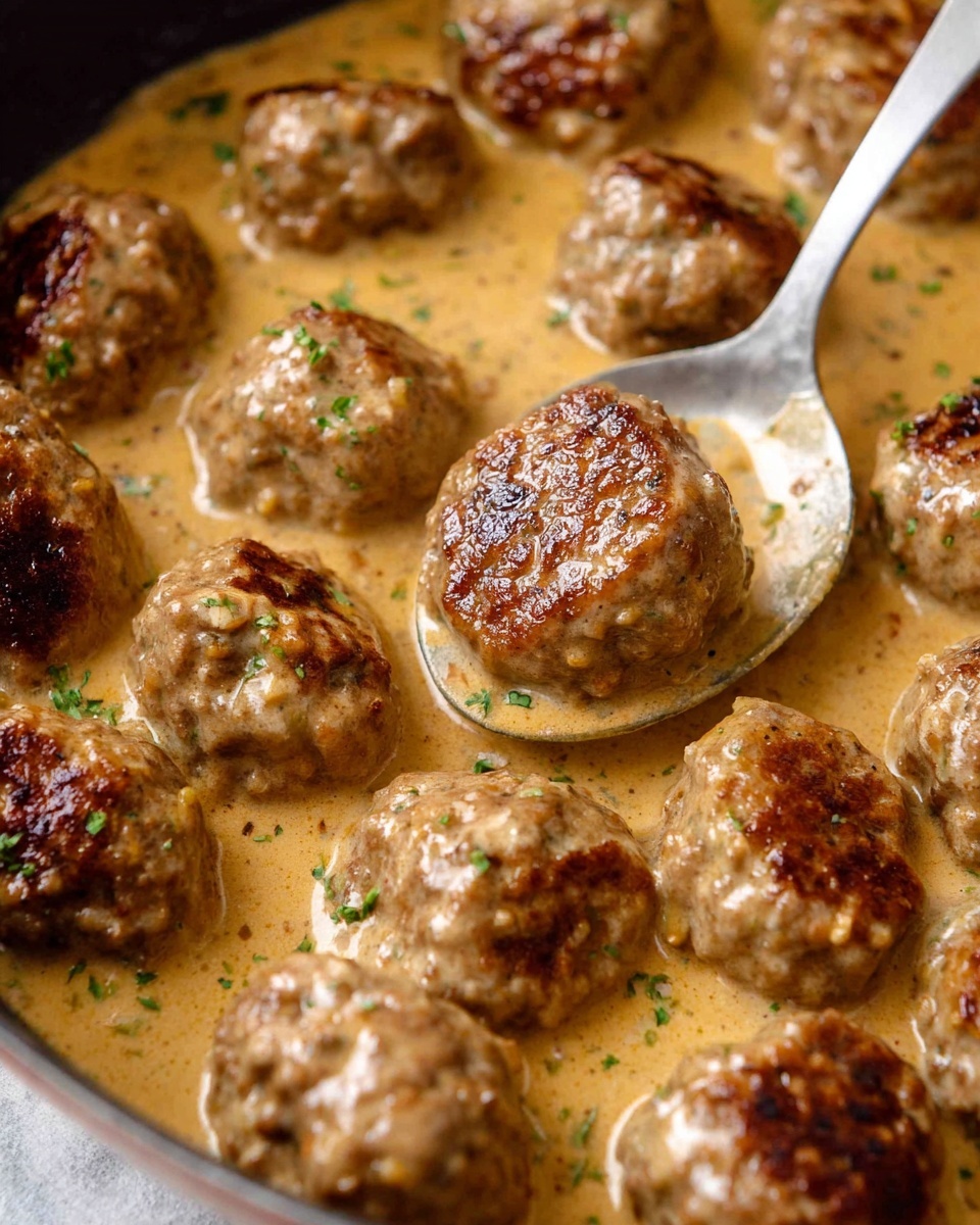 A close-up view of many browned meatballs in a light brown creamy sauce in a pan, the sauce looks smooth with small herbs visible. A shiny silver spoon is partly submerged in the sauce near the center top, lifting some sauce. The meatballs have a slightly rough texture from the cooked ground meat and small bits of seasoning. The background is a white marbled texture. photo taken with an iphone --ar 4:5 --v 7
