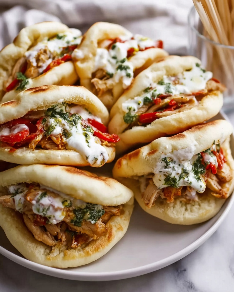 The image shows a white plate filled with small pita pockets, each with three main layers. The bottom layer is soft pita bread with a light beige color and a slightly cracked texture. Inside, there is a layer of cooked chicken pieces that are light brown and tender-looking. Above the chicken, there are thin slices of red roasted peppers adding a bright contrast. On top, dollops of white, creamy sauce are mixed with green herb sauce, giving a fresh and colorful finish. The pita pockets are stacked closely together on a white marbled surface, with some toothpicks in a clear container nearby. The photo taken with an iphone --ar 4:5 --v 7