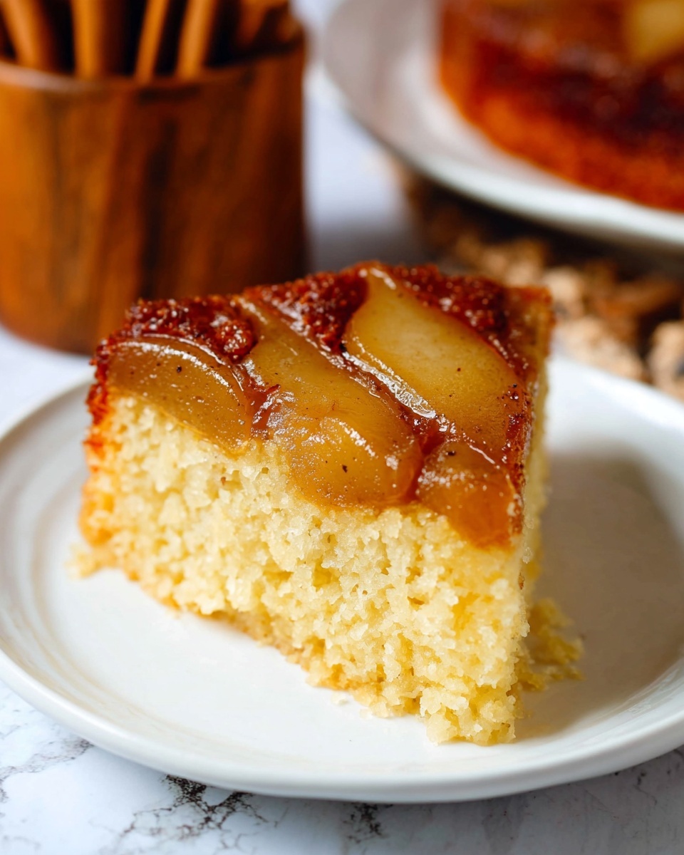 Apple Upside Down Cake Recipe 6 A close-up of a single square piece of upside-down cake on a white plate sitting on a white marbled surface. The cake has two visible layers: the bottom layer is thick, soft, and yellow with a spongy texture, while the top layer shows caramelized golden brown slices of fruit, slightly translucent with a shiny, sticky glaze. The edges of the cake are golden with hints of red from caramelization. The background has a blurred look with another piece of the same cake, a wooden container, and white fabric visible. Photo taken with an iphone --ar 4:5 --v 7