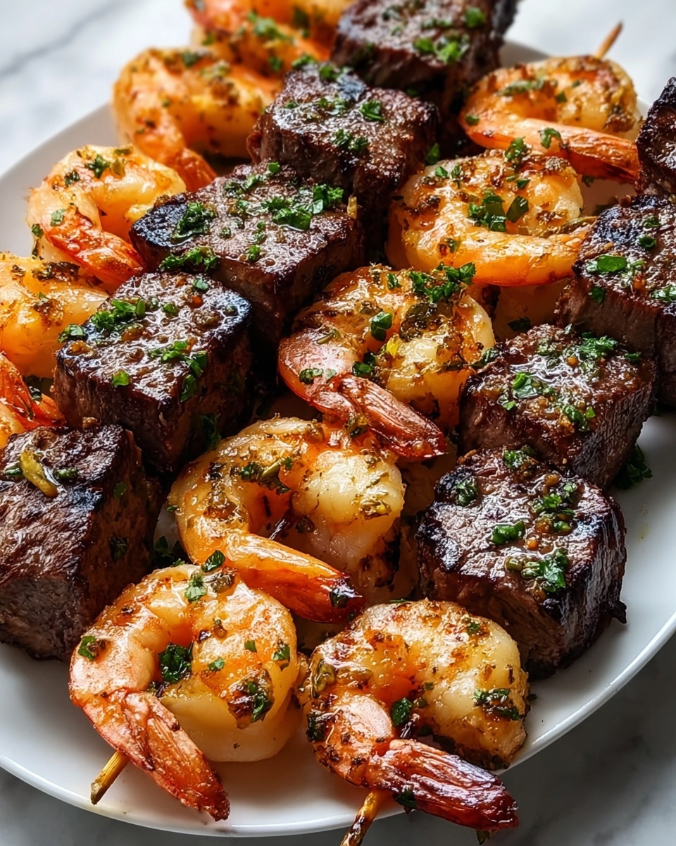 The image shows several skewers of grilled shrimp and beef cubes arranged closely together on a white plate, sitting on a white marbled surface. Each skewer has an alternating pattern of three pieces of shrimp and three cubes of beef. The shrimp are golden-orange, slightly charred with a curved shape and a moist, shiny texture sprinkled with small green herbs. The beef cubes are thick, dark brown with grill marks, and also have some chopped green herbs on top. The lighting highlights the juicy, well-cooked texture of both shrimp and beef, making the colors rich and appetizing. photo taken with an iphone --ar 4:5 --v 7