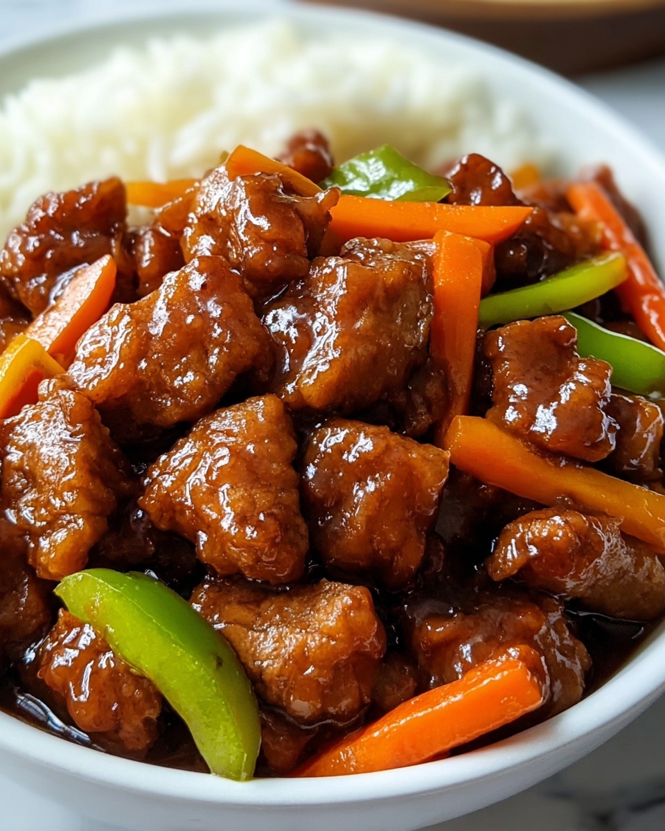 Sweet and Sour Pork Recipe 6 The dish shows several thick pieces of deep-fried golden brown strips coated in a shiny, sticky dark brown sauce, arranged in a white bowl with a blue floral pattern inside. Among the pieces, there is one bright red chunk that contrasts with the darker sauce and the brown fried strips. The bowl sits on a white marbled surface, and the close-up view highlights the glossy texture of the sauce covering each piece. photo taken with an iphone --ar 4:5 --v 7